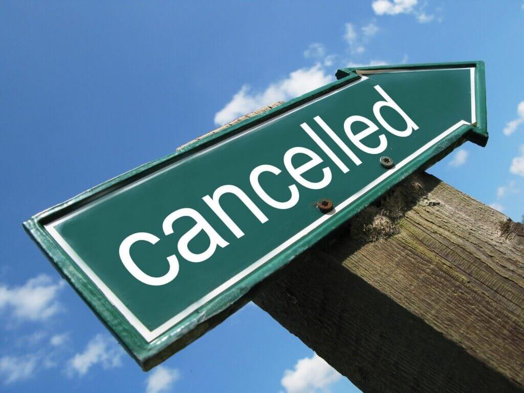 sign saying cancelled reflecting increase in hotel cancellation policies