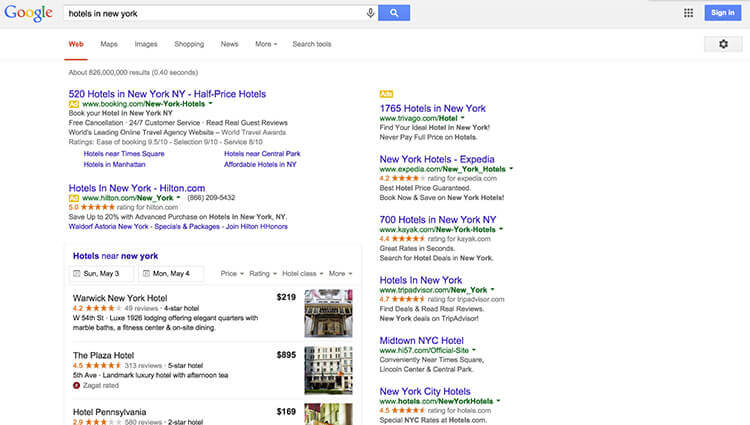 google hotel search results