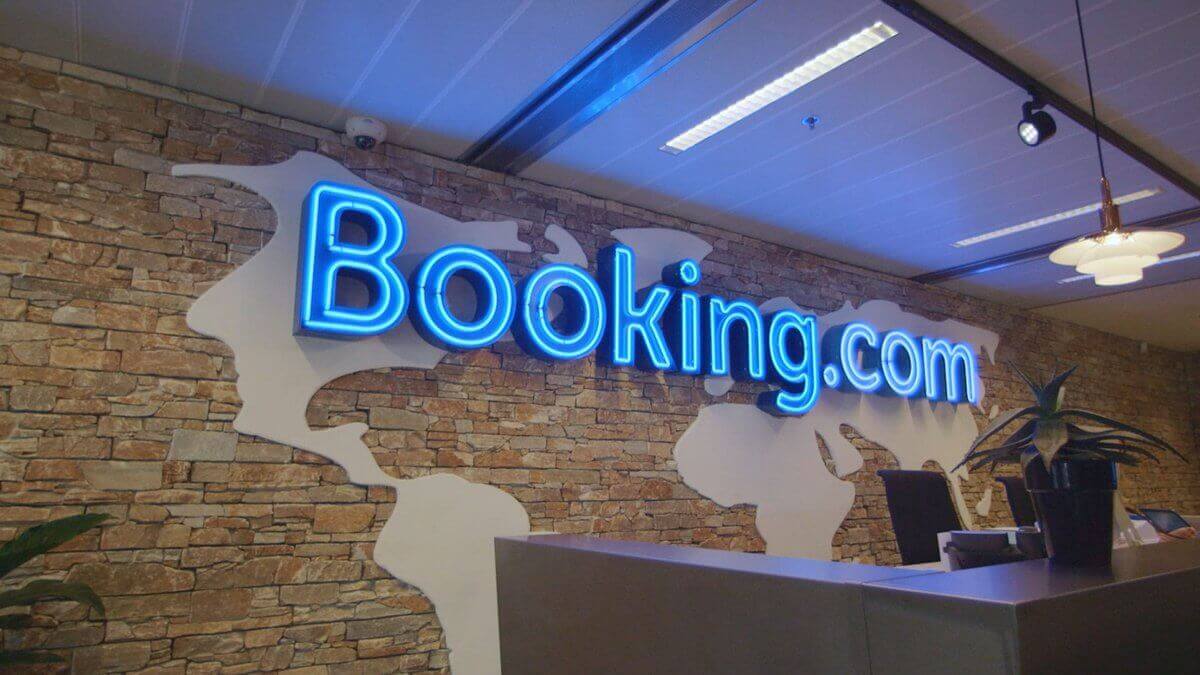 booking.com name in neon lights