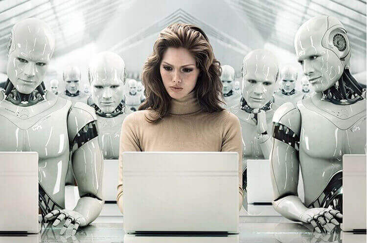 image of a lady with robots posing the question do hotel guests want a humanless experience