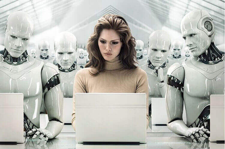 a lady surrounded by robots on computers implying the taking over of technology by things like chatbots