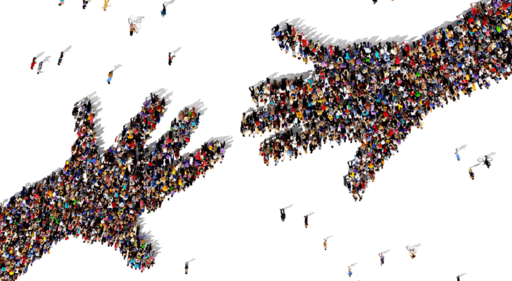 groups of people in shape of two hands reaching out as if to reconnect as will happen again in hybrid events