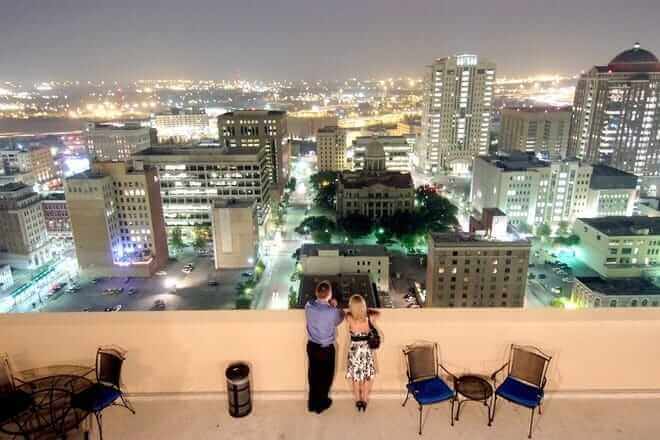 houston skyline from a hotel balcony