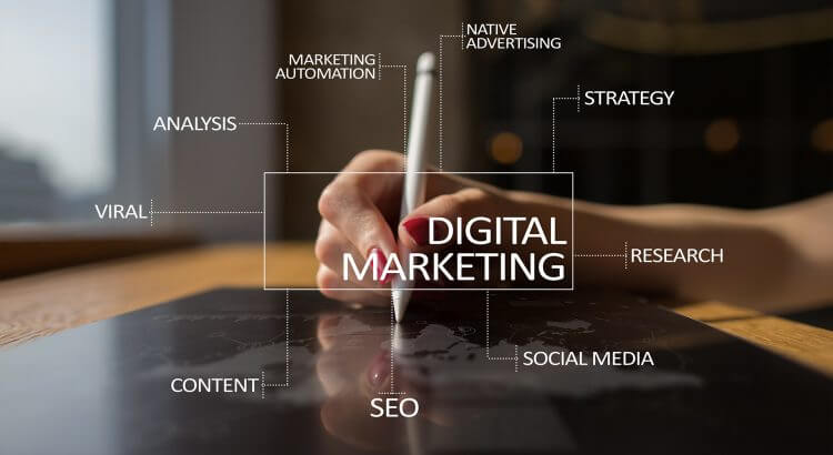 digital marketing phrases like seo in front of a person writing on a tablet