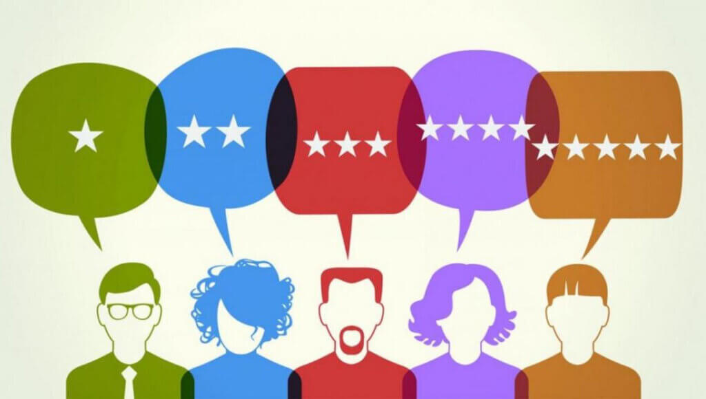 people with speech bubbles above their heads with stars in side reflecting guest hotel review and impact on booking decision on otas