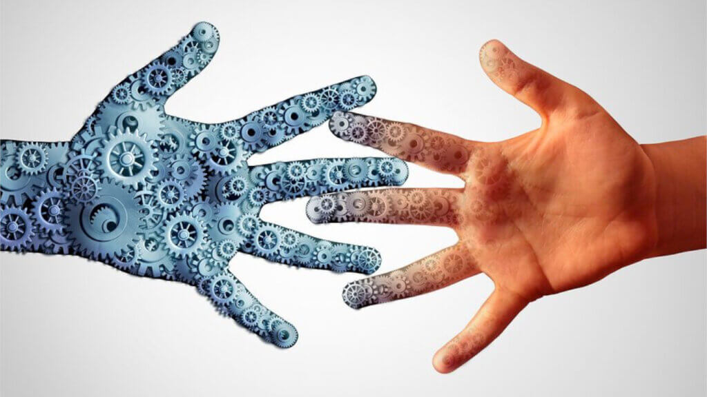 two hands one depicted with cogs showing value of combining human touch and technology to drive upsell opportunities