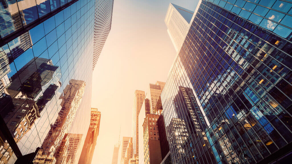 hotel and office buildings reflecting the sunshine