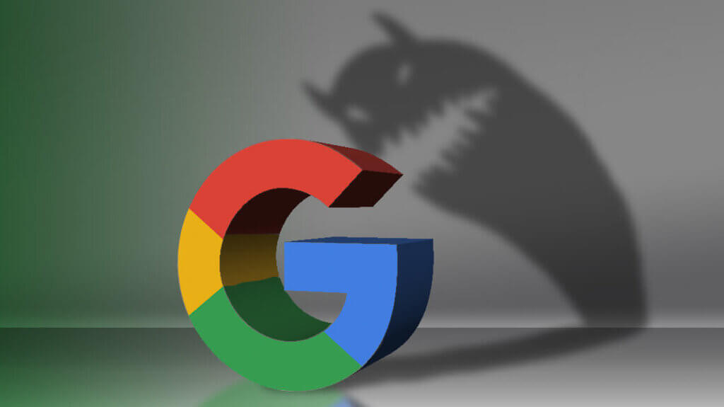 google logo with the shadow of a monster character leaning over it reflecting the importance to hotels of a brand protection campaign utilising google ads