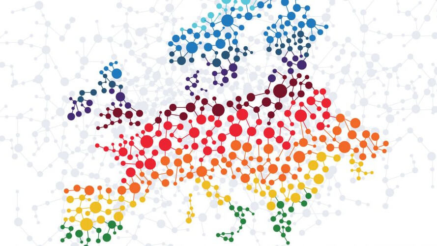 coloured connected dots reflecting cities in europe