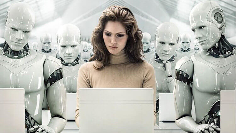 woman and robots in front of computers reflecting a potential outdated view of adding conversational ai to your hotel call center
