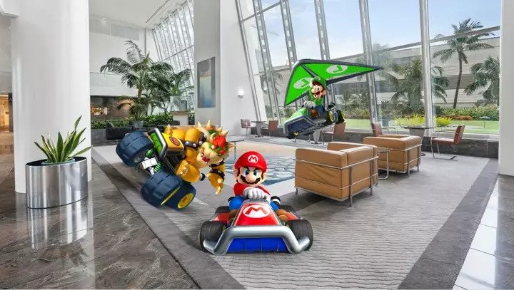 hotel lobby with mario kart images reflecting the race to direct booking success my unleashing a mario kart inspired user journey