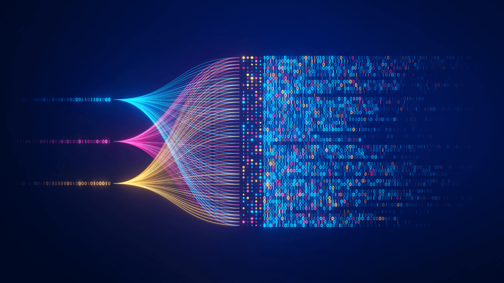dots of different colours reflecting data sets and how a clean unified data set achieved through strong data management can empower hotel revenue strategies through ai and causal ml