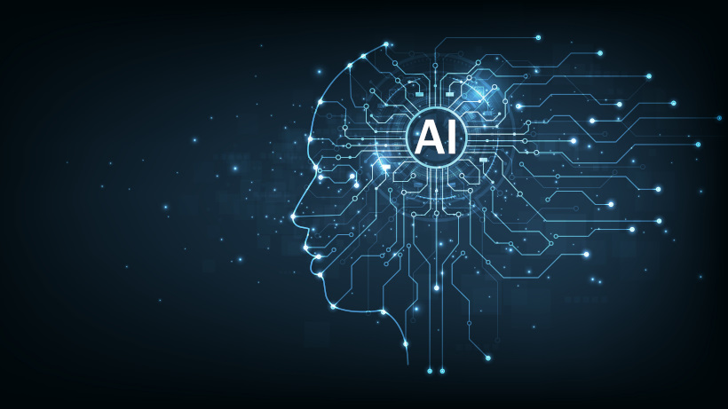 Graphic of a digital brain and Human head outline made from a circuit board illustrating the concept of artificial intelligence (AI) and the potential impact on the luxury hotel sector