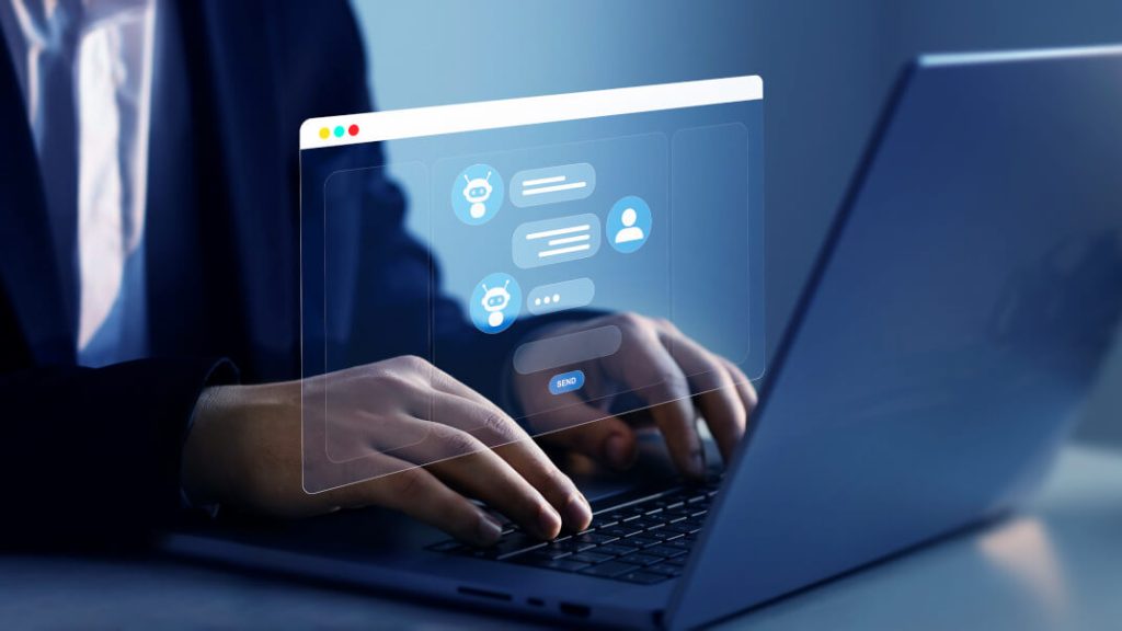 person using ai to search on a laptop maybe a traveller using chatgpt operator to make a hotel booking