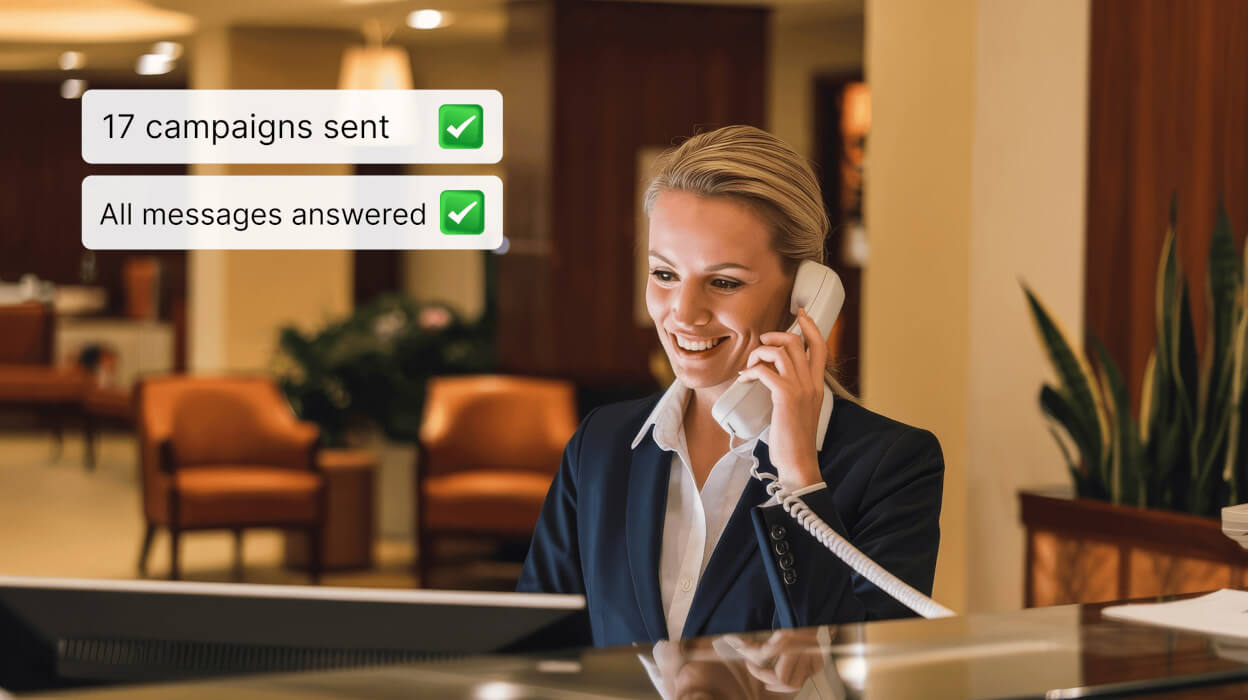 person at hotel front office with notifications about a marketing campaign reflecting how automation can save time
